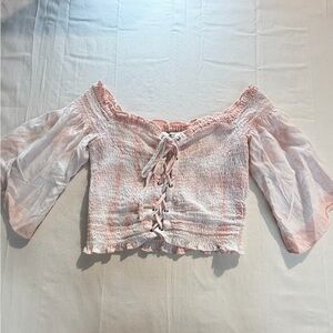 American Eagle Pink Tie Dye Smocked Lace-Up Fairy Crop Top Size Small